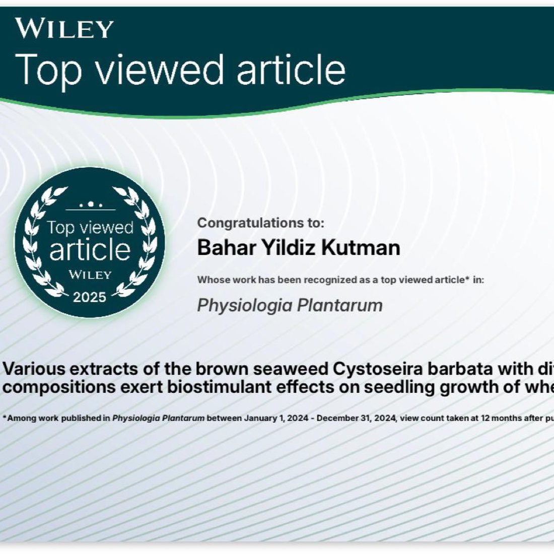 Our Cystoseira barbata paper is among the most-read articles in Physiologia Plantarum